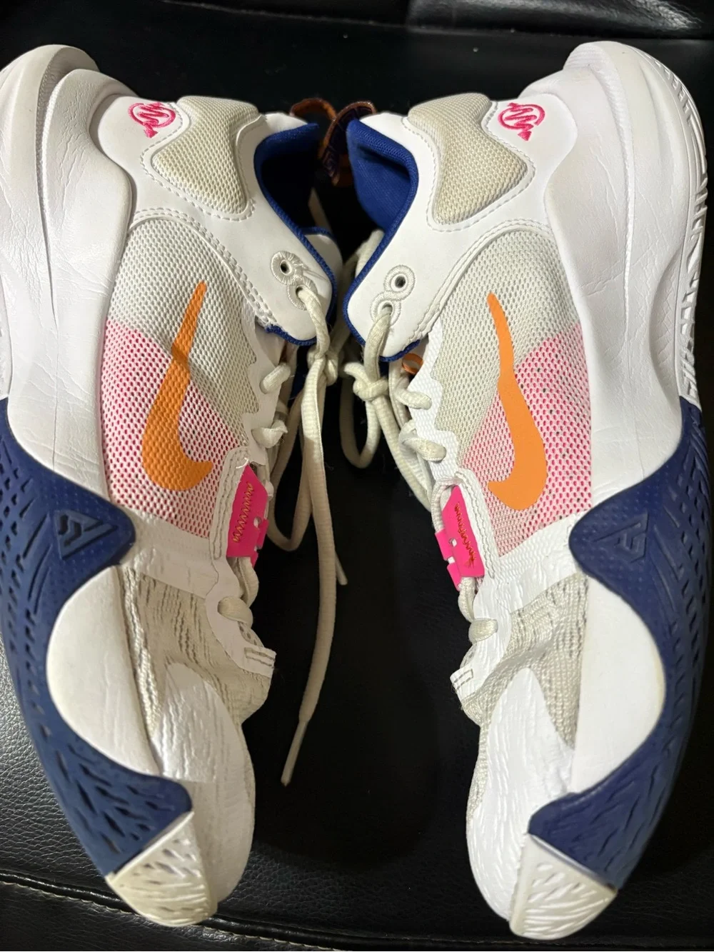 Nike LOGO 5 White Sneakers with Orange Swoosh and Blue Trim for women’s size 7Y